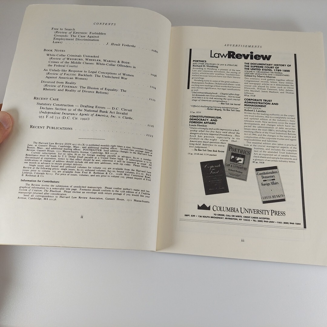 Harvard Law Review June 1992 Volume 105 Number 8 Paperback