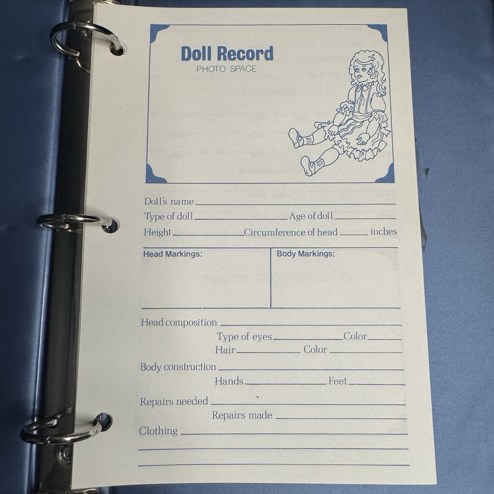 Vtg DOLL RECORD BOOK Collector Hardcover Log Inventory 15 pages 1983 Rosamond