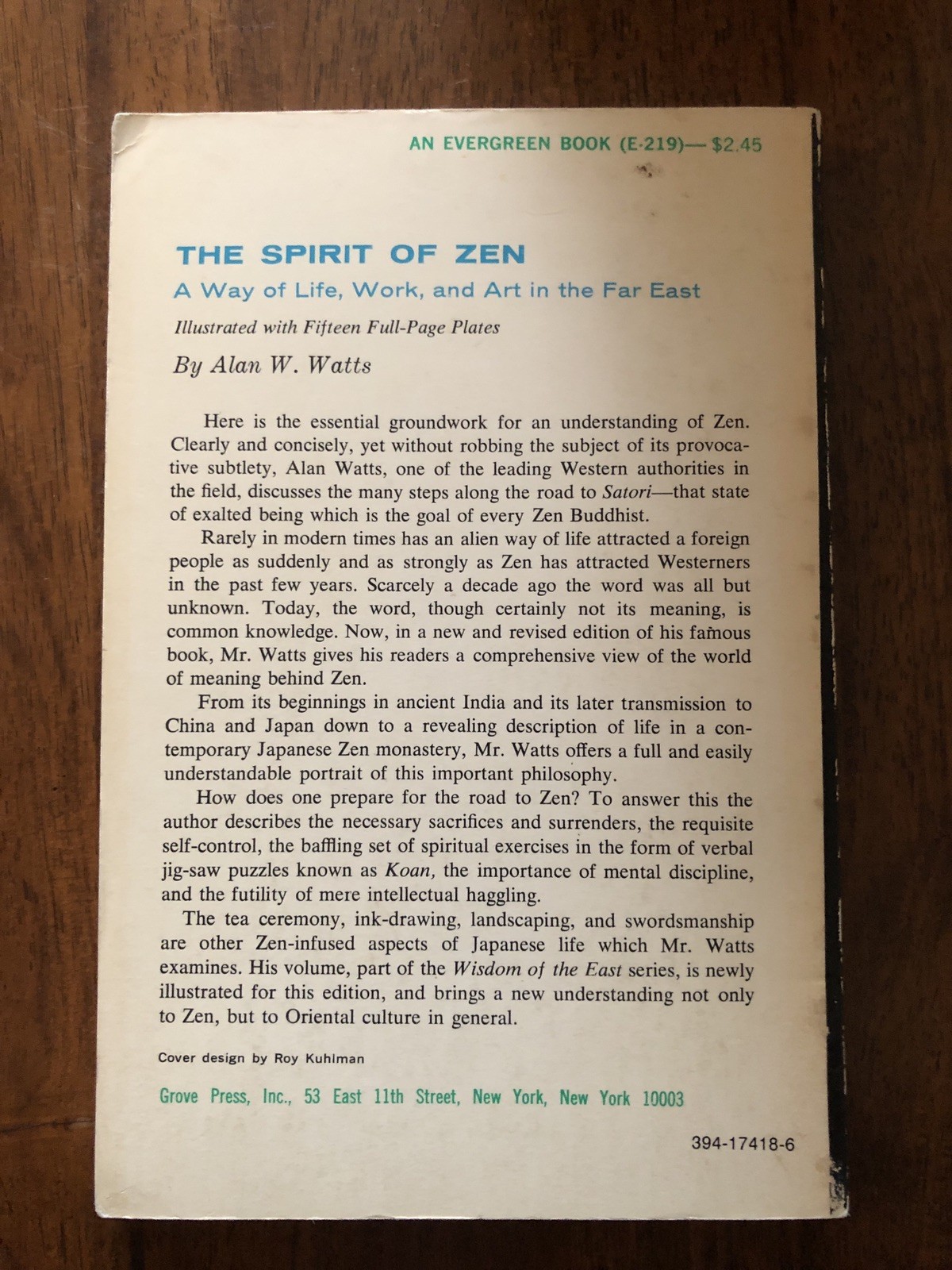 The Spirit Of Zen, By Alan Watts. Grove Press, PB 1st Evergreen edition 1960