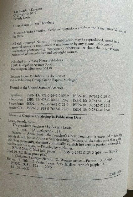 Annie’s People Ser; # 1 The Preacher’s Daughter by Beverly Lewis 2005