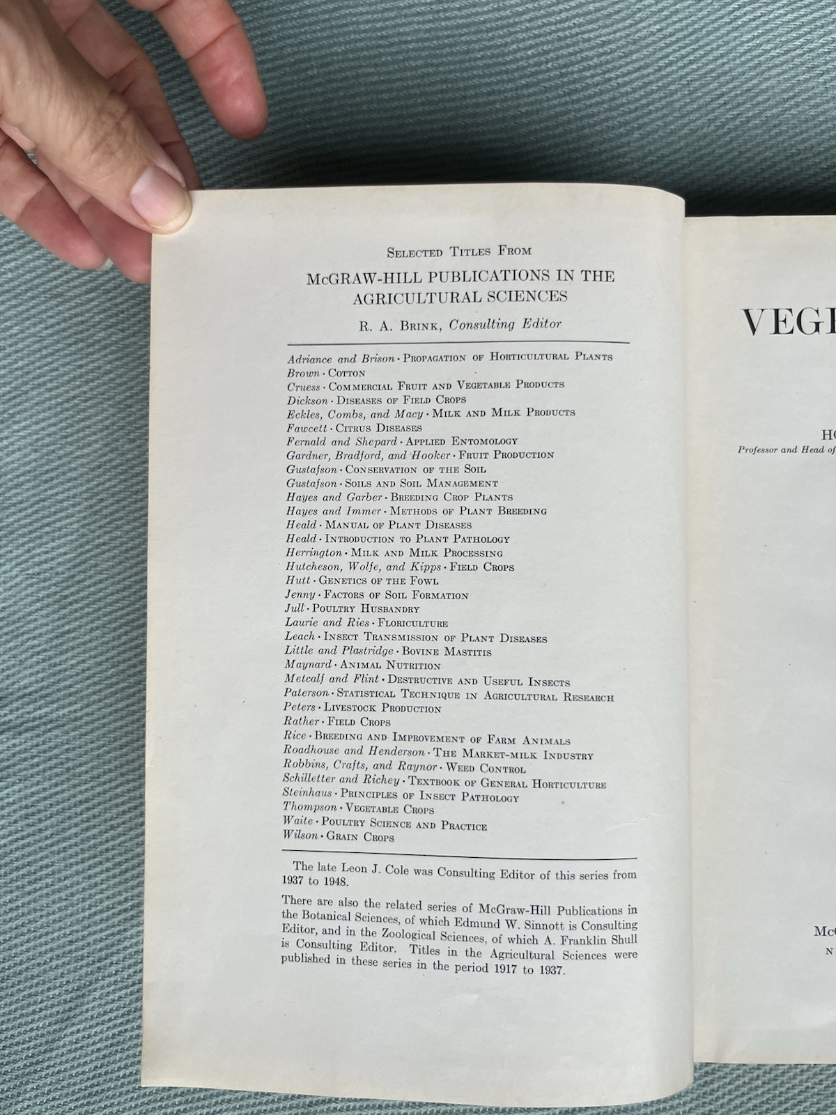 VEGETABLE CROPS By Homer C. Thompson 4th Edition 1949 McGraw Hill ~ Good/Very G