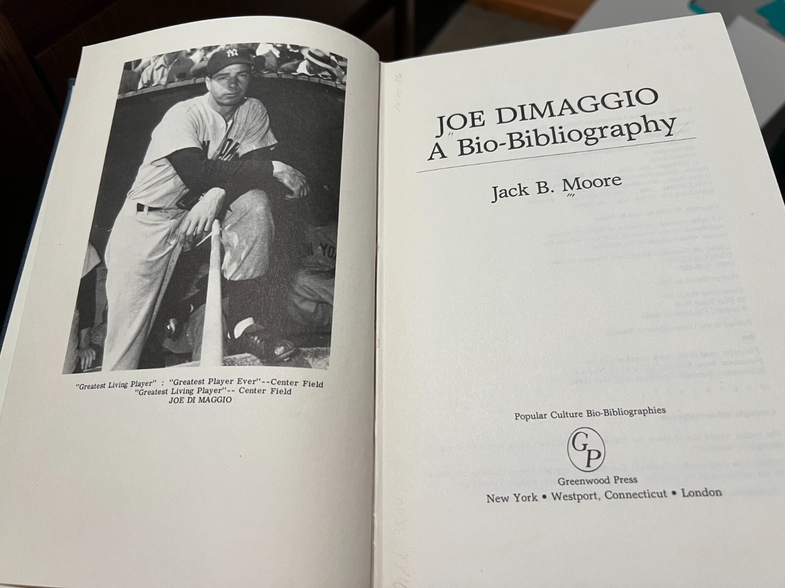 Joe Dimaggio: A Bio-Bibliography by Jack Moore, ex-library, VG, 252 pages