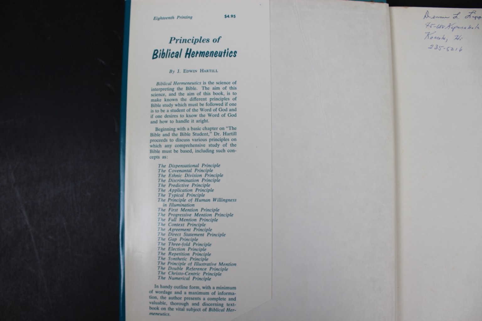 Principles of Biblical Hermeneutics J. Edwin Hartill 1970 18th Printing HCDJ VG