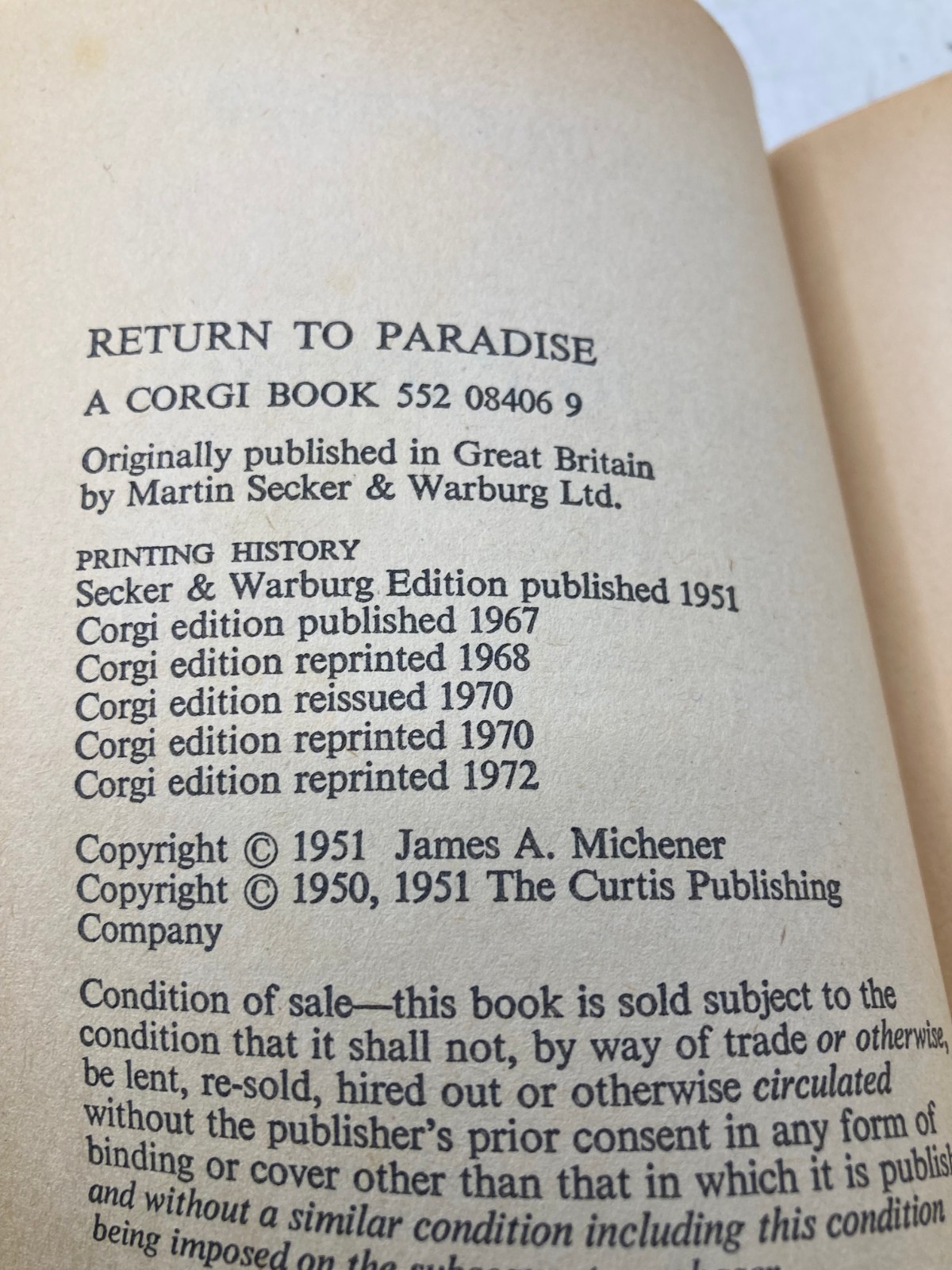 Return To Paradise by James A. Michener Small Corgi PB 1972 Free Post