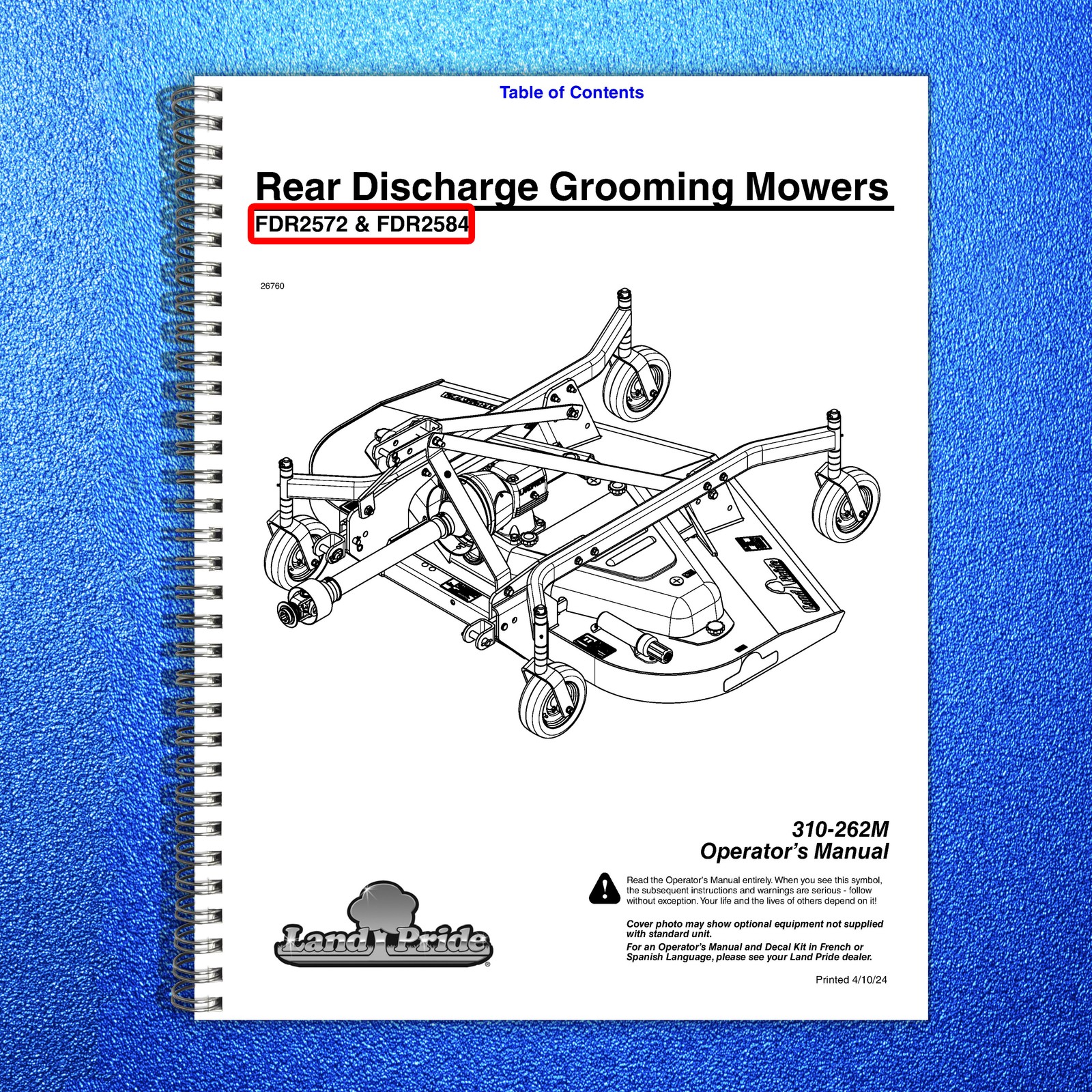 LAND PRIDE FDR2572 FDR2584 Grooming Mowers Operators Manual 2024 — WIRE BOUND