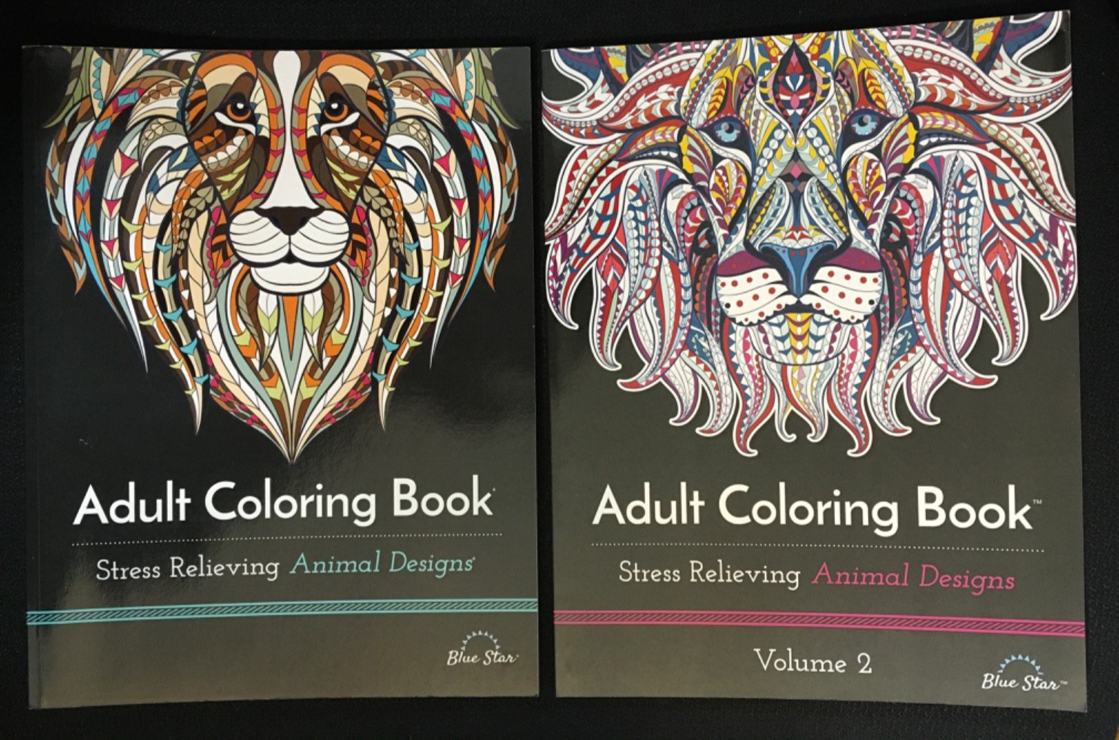 Lot Blue Star ADULT COLORING BOOKs Volumes 1 & 2 Stress Relief Animal Designs