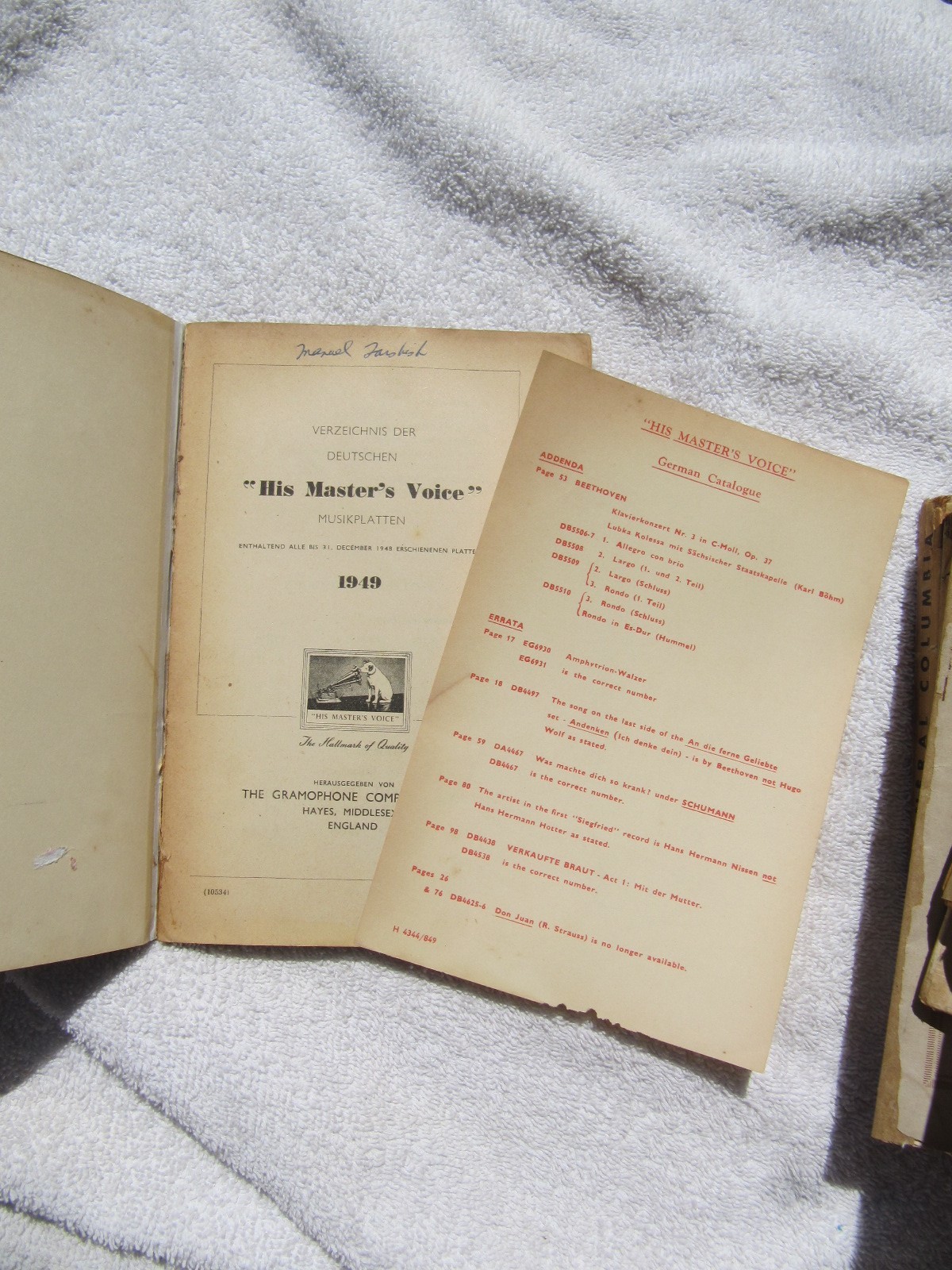 1949 His Master’s Voice GERMAN CATALOGUE Verzeichnis der Deutschen Musikplatten