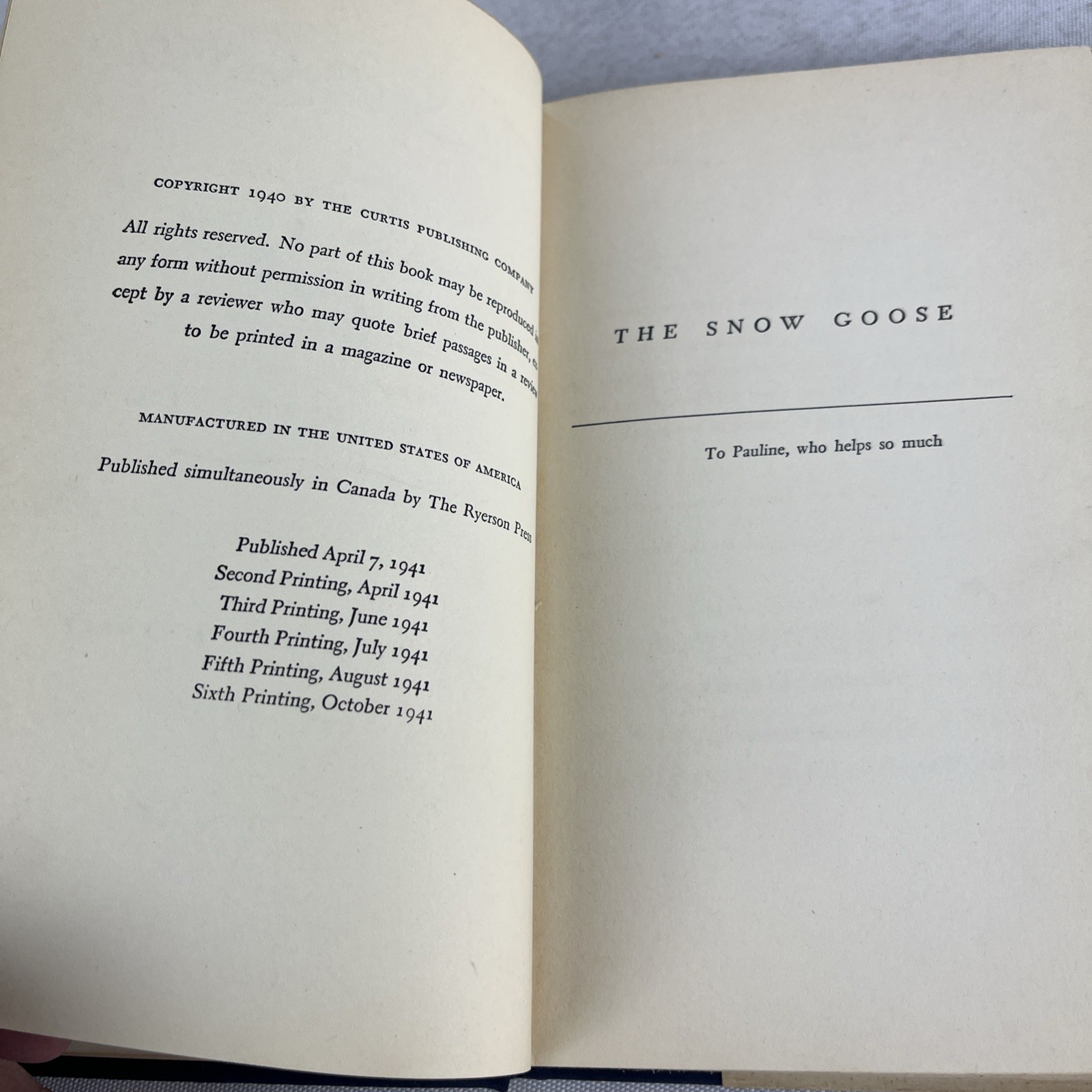 The Snow Goose — Paul Gallico — HC w/DJ — First Edition — Sixth Printing — 1941