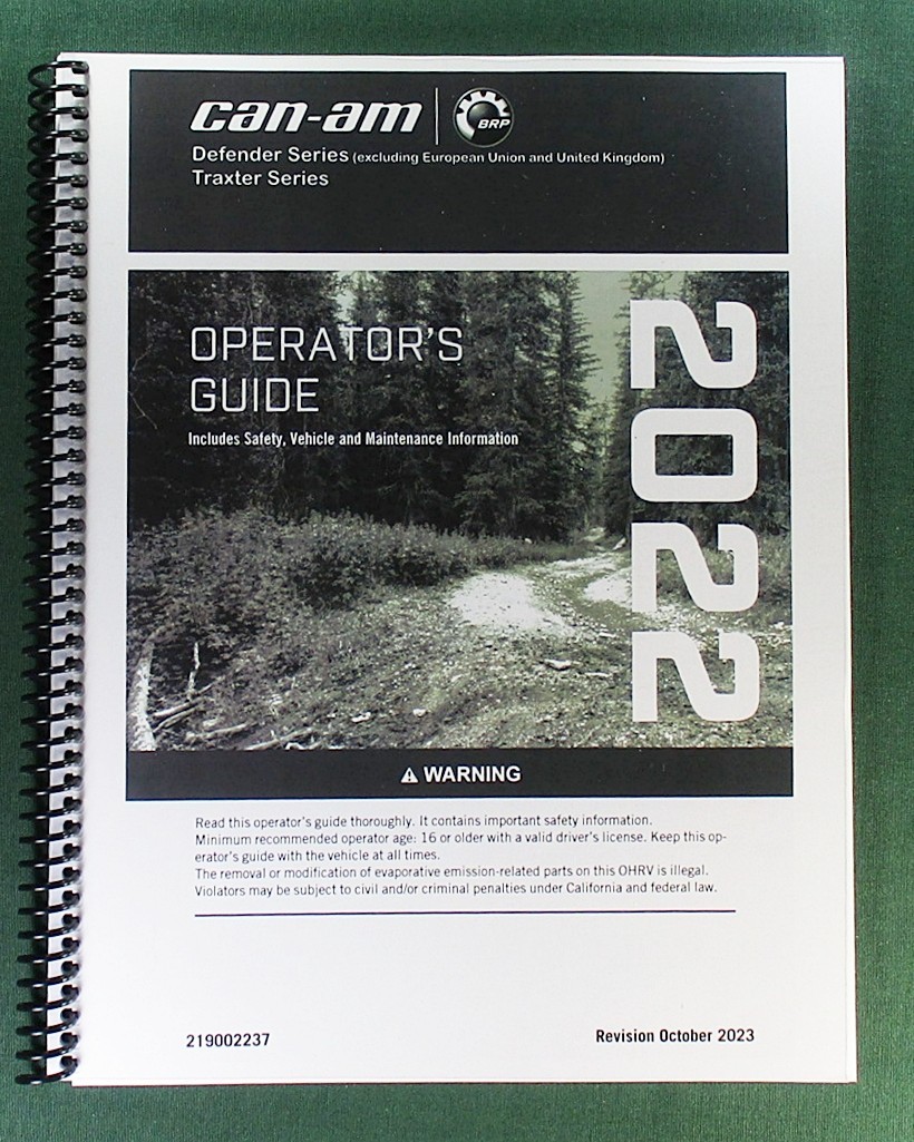 2022 Can-Am Defender XT HD9 Owner’s Manual: 256 Pages & Protective Covers!