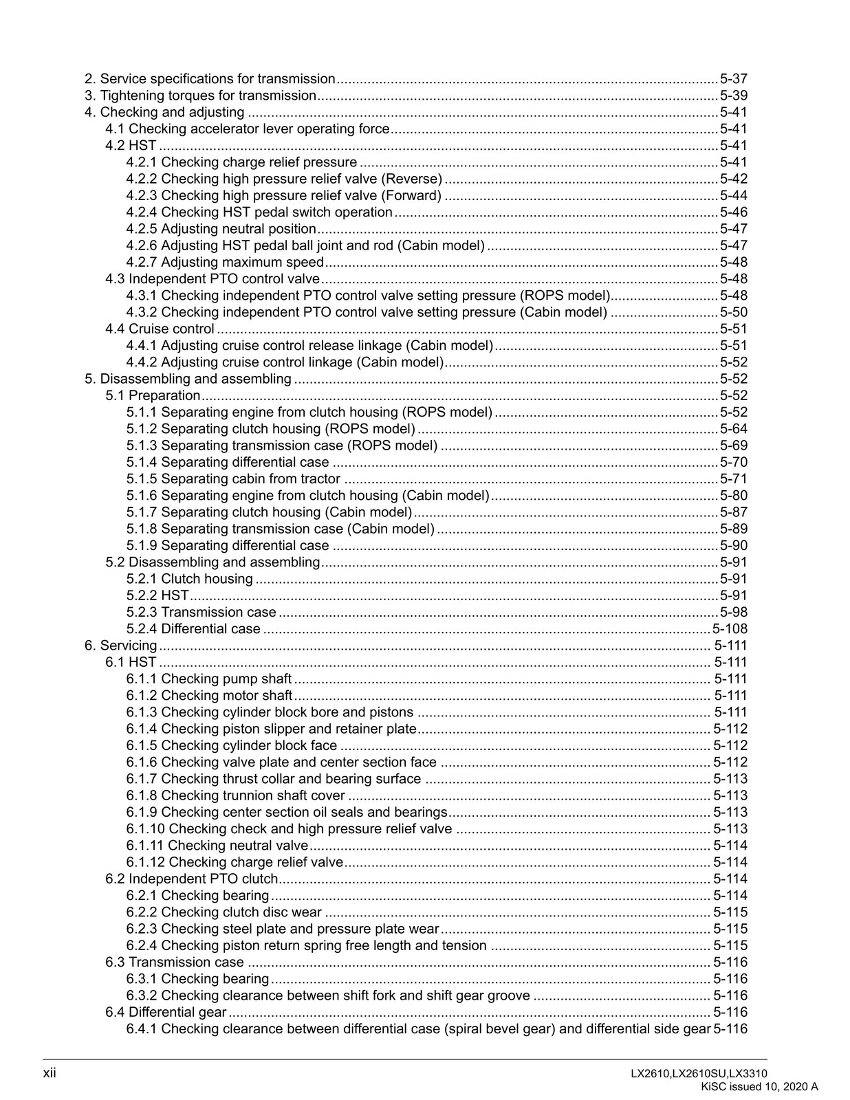 KUBOTA LX2610 LX2610SU LX3310 WORKSHOP MANUAL, BIND — FRONT & BACK — XL FOLDOUTS
