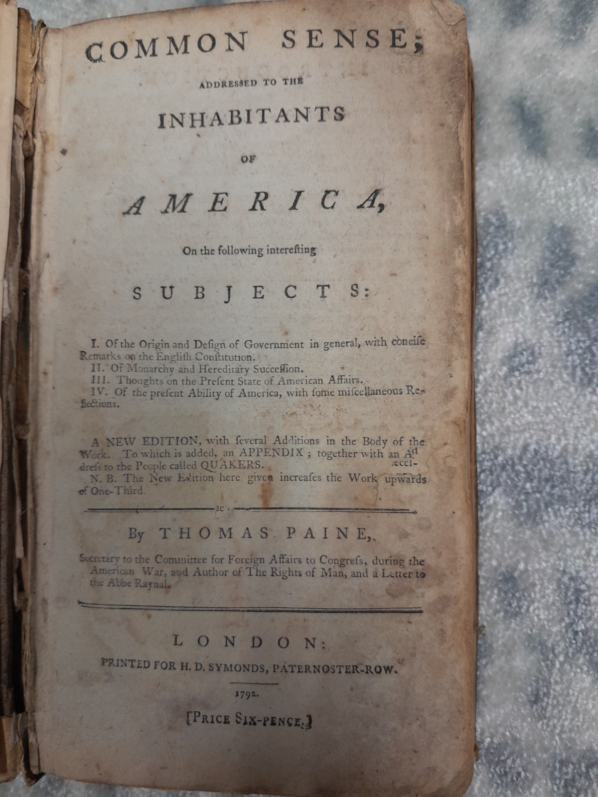 Thomas Paine 1792 first edition bound in calf, Common Sense, Rights of Man, +