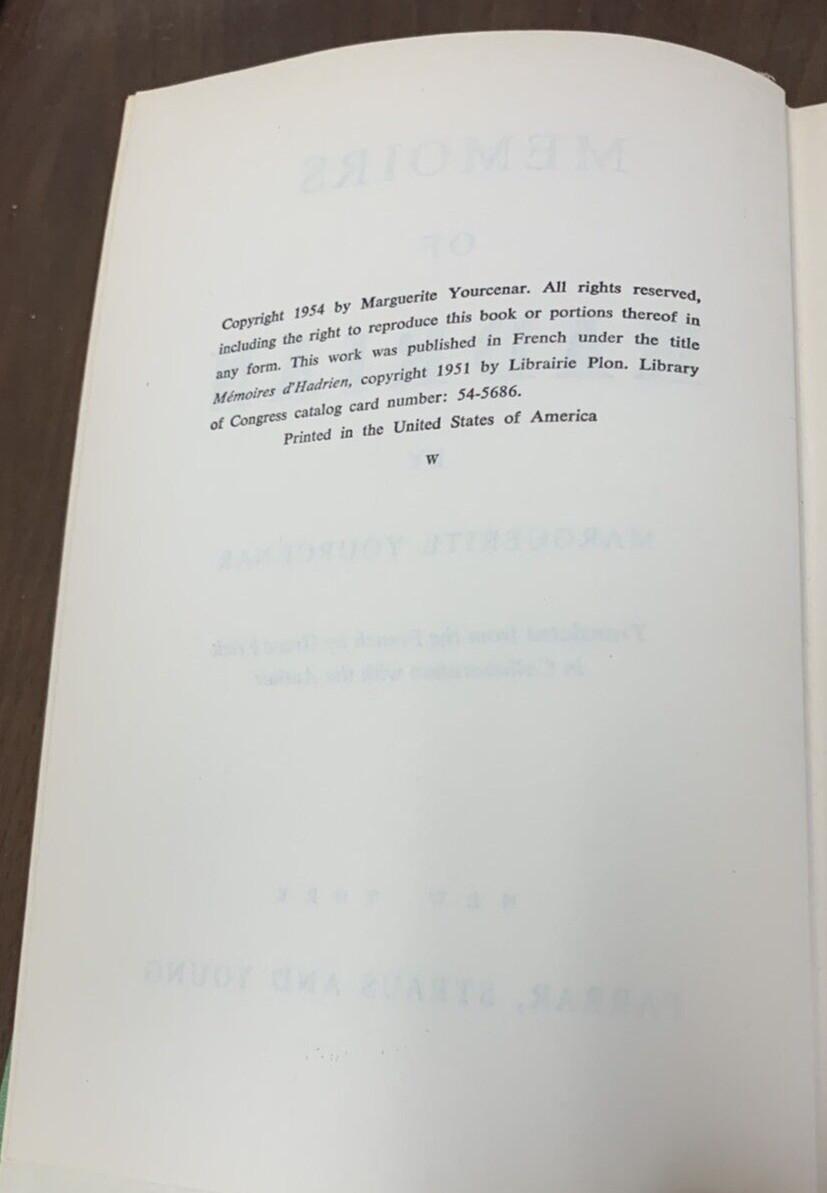 Memoirs of Hadrian by Marguerite Yourcenar 1954W Farrar, Straus & Young HC