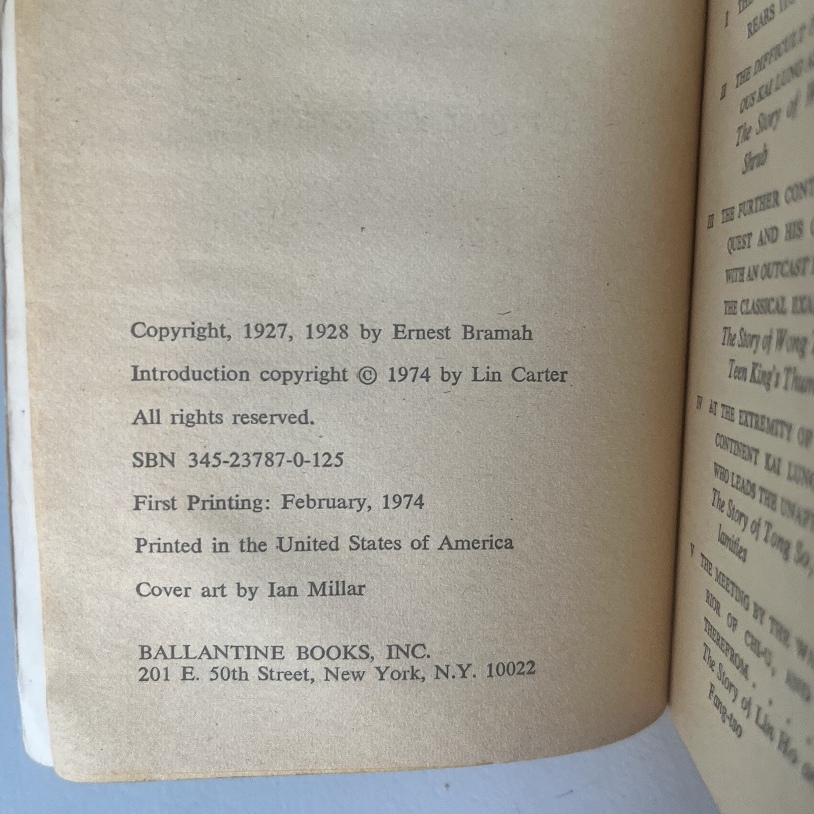 Kai Lung Unrolls His Mat Ernest Bramah Ballantine Adult Fantasy 1974 Lin Carter